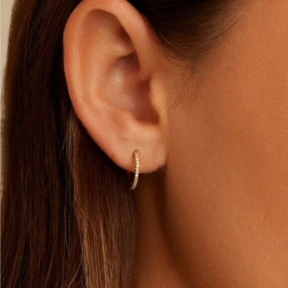 Gold Pavé Huggie Hoop Earrings 18K on 925 Sterling Silver CZ Everyday Jewelry - Picture 9 of 14